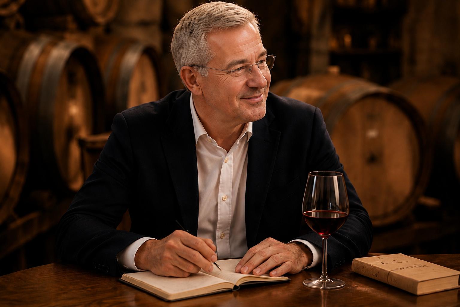 Diego Bonnel taking tasting notes among oak barrels in a wine cellar