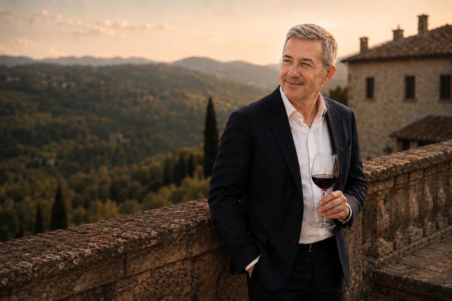 Diego Bonnel holding a glass of red wine on a Tuscan terrace